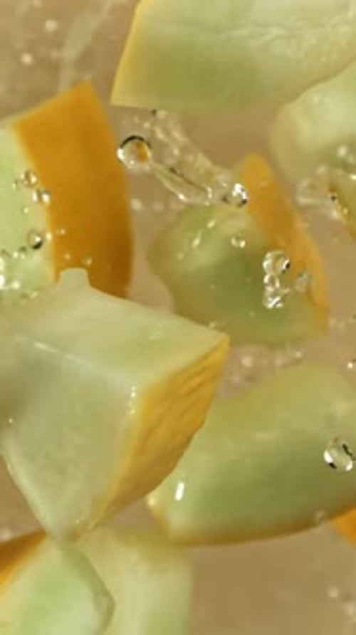 Des morceaux de melon volent sur un fond clair filmés par une caméra à haute vitesse à 1000 images par seconde