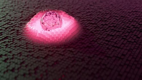 A Crystal Pink Neon Sphere Rolls on a Dynamic Surface Made Up of Small Magnetic Squares