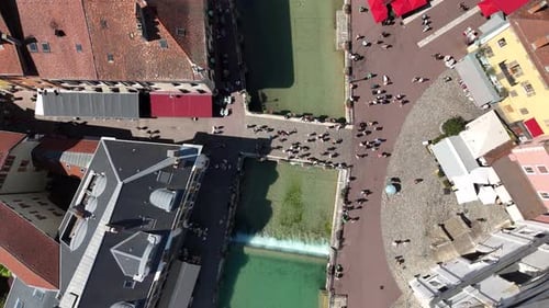 Top-down aerial footage of Annecy city center, France