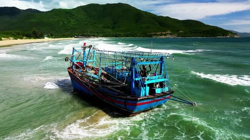 Fishing Boat with a Big Catch of Fish Stranded with a Catch Aerial View Drone Sunset Summer