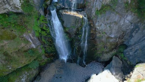 Bird's Eye View Of Fervenza do Toxa (Toxa Waterfall) in Silleda, Pontevedra, Spain.