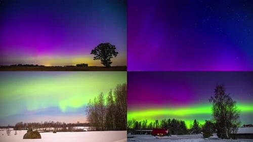 Time lapse shot of Aurora Borealis Northern Lights in four split screens during snowy winter at nigh