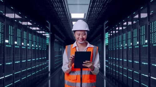 Asian Female Use Tablet While Walking in Data Center
