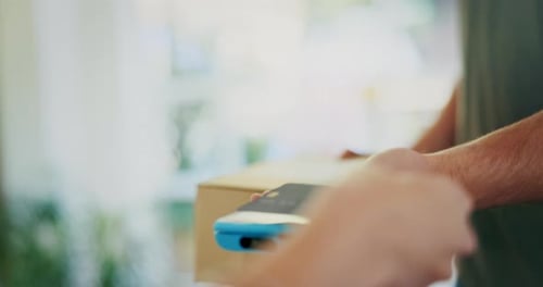 Credit card, door or hands of delivery man with box for courier service, package or order