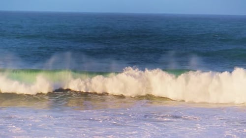 Morning Ocean Wave Rolling Towards Shallow In Super Slow Motion. White Sea Foam Breaking Splash S...