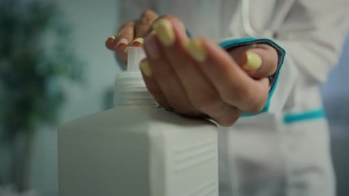 Closeup Woman Doctor Nurse Clean Hands By Sanitizer Antiseptic Wash Palms Safety From Bacterium