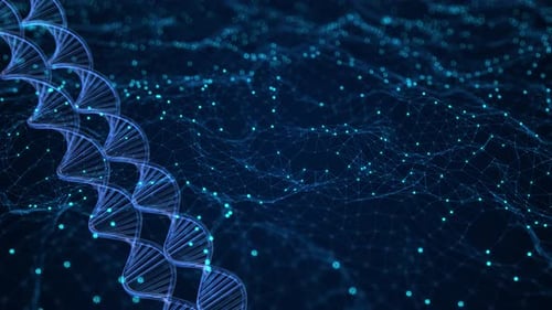 Animated DNA Double Helix and Digital Particle Network Background