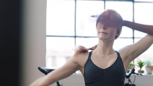 Yoga, fitness and exercise with a sports woman and friends training in an office startup