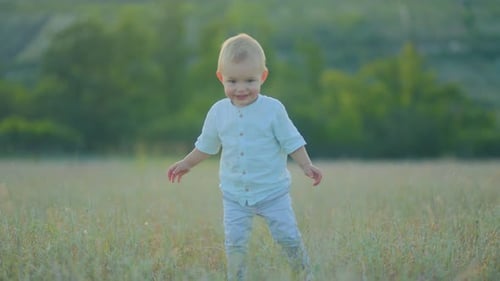 Happy Toddler Walks Through Field with Wonder Touching Tall Grass