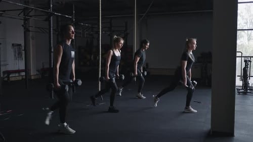 Group Of Slender Athletic Women Training In Gym Doing Exercise With Dumbbells Fitness And Wellness