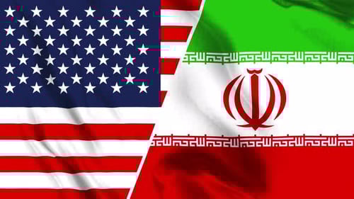 Divided Flags of USA and Iran Waving Loop