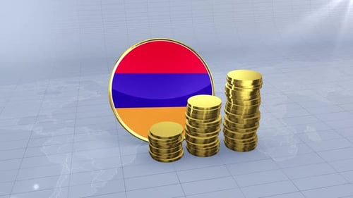 Armenia Flag With Plain Gold Coins Tower