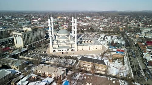 Imam Sarahsi Bishkek Central Mosque, drone fly back shot