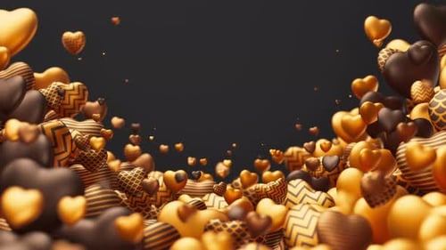 Wolke goldener pulsierender Herzen auf schwarzem Hintergrund, Valentinstag-Hintergrund, 3D-Renderer, schleifbar