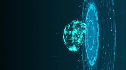 Blue polygon brain logo with particle ring circle rotation and ai technology icon on futuristic