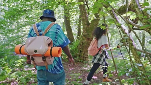 Two Travellers Walking in Forest Weekend Trip in Nature of Friends Multiracial Man and Woman