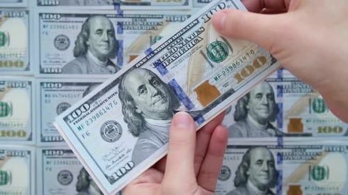A Lot of Banknotes Hundred American Dollars Banknotes Obverse Side Up Rotation on Circle Financial