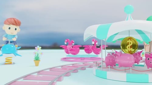 Colorful Amusement Park with Carousel and Roller Coaster