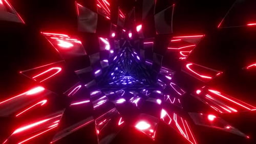 Abstrakter futuristischer Tunnel mit Neonlichtern und beweglichen geometrischen Formen