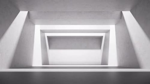 Dramatic light beams pierce dark concrete modern architectural space