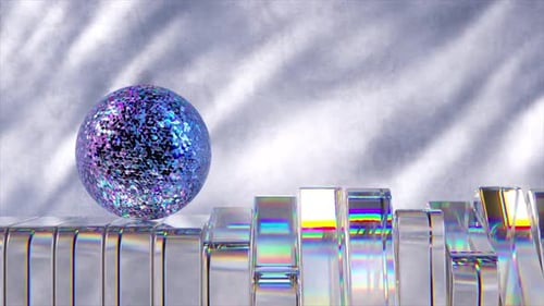 Glistening 3D Animation of a Disco Ball Sphere on a Prismlike Surface with Caustic Light Patterns