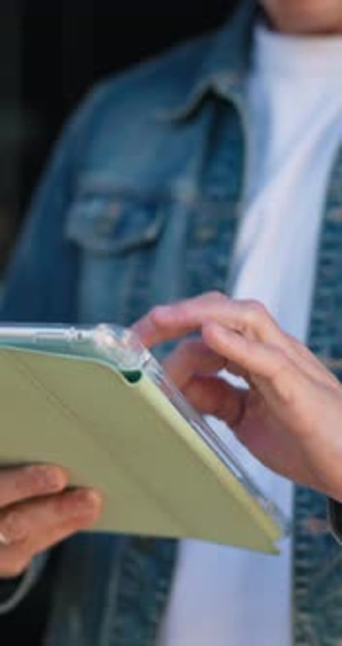 Tablet, typing and hands of person at cafe for menu option, entrepreneur website and contact