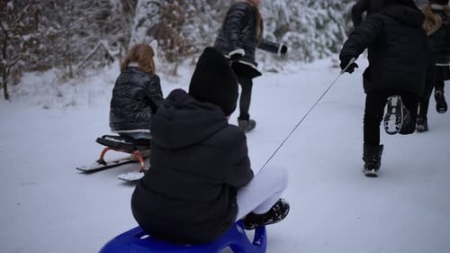 Kinder rodeln durch den Winterwald Konzept der Winterunterhaltung