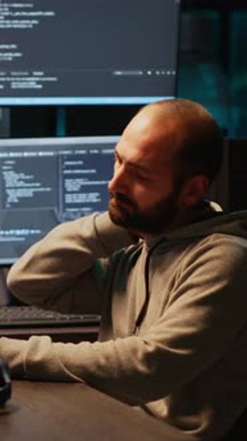 Vertikaler Video-IT-Ingenieur, der unter Wirbelsäulenbeschwerden leidet und arbeitet