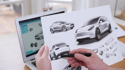 Un
designer automobile analyse soigneusement un prototype de voiture. Fastidieux