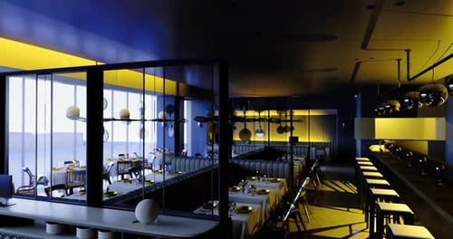 Modern Restaurant Interior with Sleek Design and Ambient Lighting at Sunset