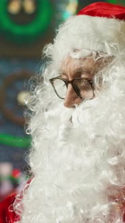 Vertical Video Portrait of Friendly Santa Claus Performer During Holiday Season