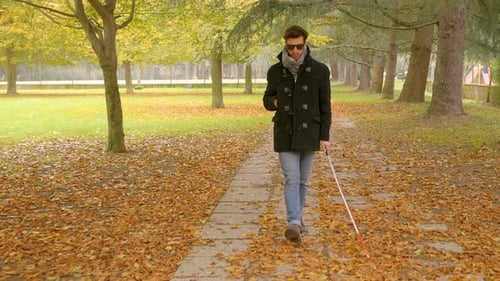 junger blinder Mann mit Sonnenbrille geht im Park spazieren. Handicap, Autonomie