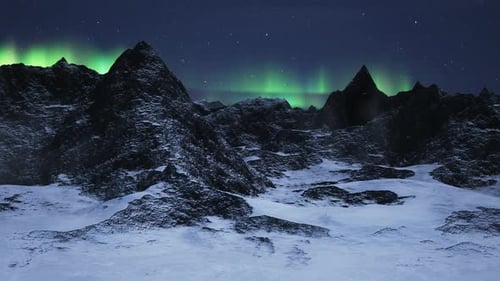 Rocky Mountain Landscape at Night with Stars and Northern Lights in Sky
