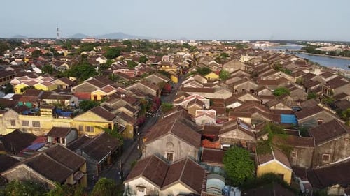 Top Down Aerial View at Old Town Ancient Houses Rooftops in Hoi An Vietnam