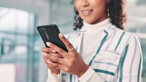 Hands, phone and woman in office typing email for communication, networking or connectivity