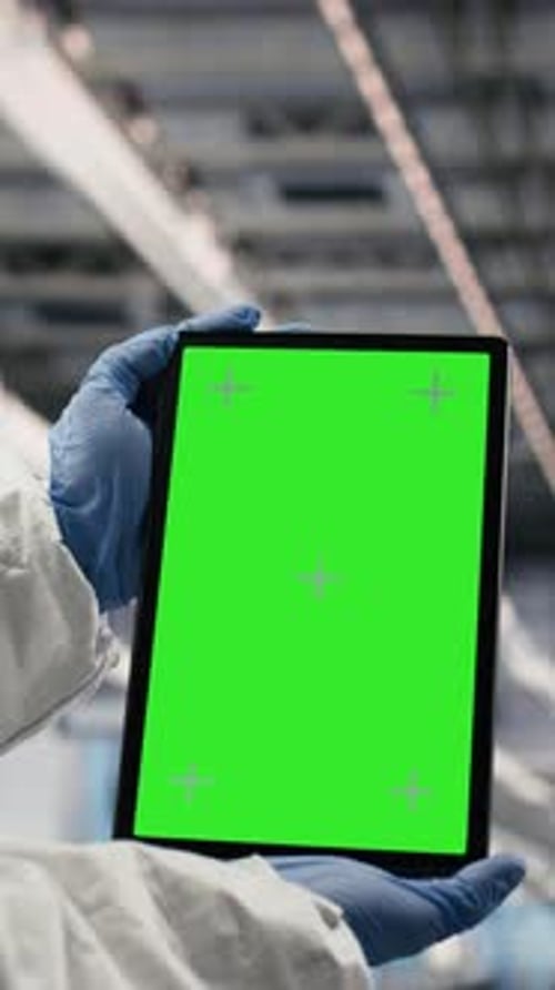 Vertical Video Green Screen Tablet Monitoring Gear and Engineer in Microchip Factory