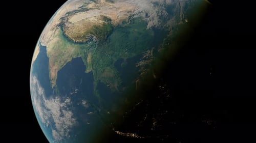 India map, zooming in from the space through a 4K photo real animated globe, with a panoramic view c