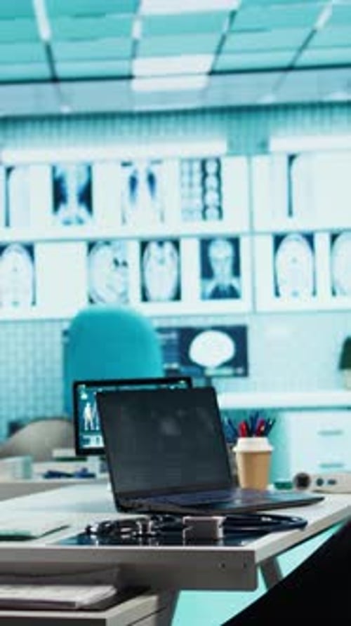 Vertical Video Empty Medical Cabinet in Private Clinic with a Laptop and Diagnostics