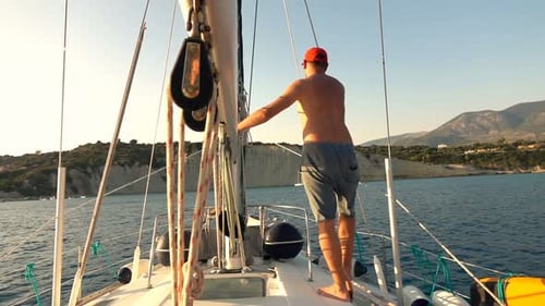 Young Man Sailing Boat on Sea, Super 240