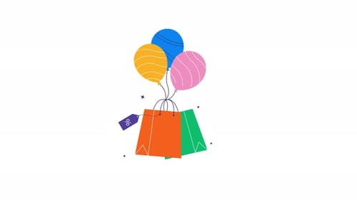 Flat Design Animated Shopping Bags and Balloons with Discount Tag