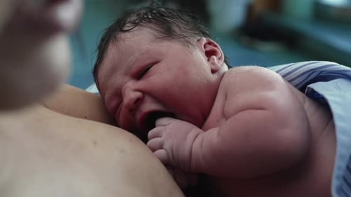 Gentle First Breastfeeding Moment - Young Mother Feeding Newborn at Hospital Post-Delivery,