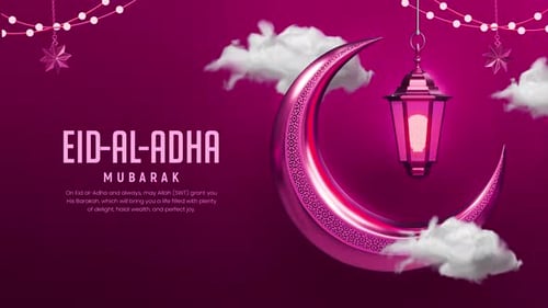 Eid Al-Adha Mubarak Greeting with Decorative Moon and Lantern