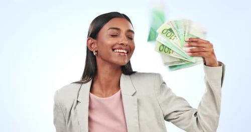 Happy Woman Fanning Euro Bank Notes