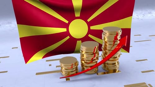 Macedonia Flag With Gold Coins Tower And Up Arrow