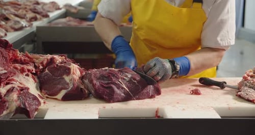 Butcher Cuts Meat with a Knife at a Processing Plant Meat Processing Plant Concept
