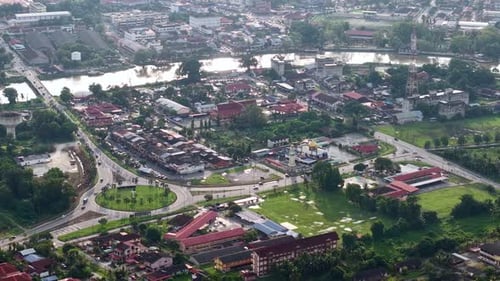 City view with a river running through it. Aerial Bandar Baharu, Kedah