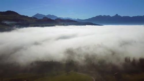 Aerial View of Foggy Mystical Landscape Scenery