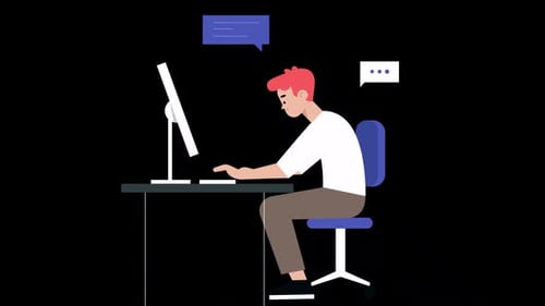 The Orange-haired Man Working In The Office, Wearing A White T-shirt, Is Sending E-mails Alpha