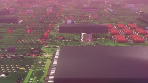 Zooming Over a Futuristic Circuit Board with Glowing Components