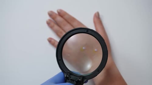 Top View Analyzing Monkeypox Rash with Magnifying Glass in Slow Motion
